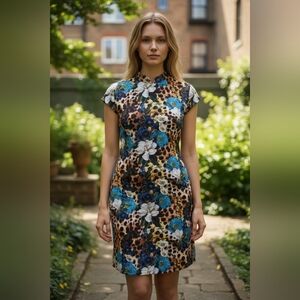 PRETTYLITTLETHING Floral Leopard Print Cap-Sleeve Dress in Blue SIZE 12